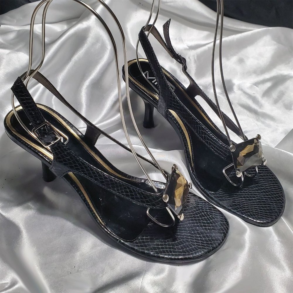 MIA black snake skin print patent sling back high heel flip flops ornate accents